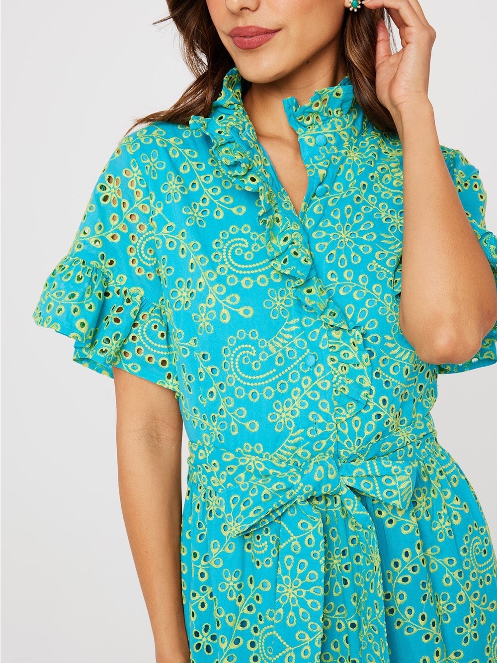NWT Abbey Glass Sadie Maxi Dress Teal and Chartreuse Jasmine Eyelet Sz XL - Picture 4 of 15